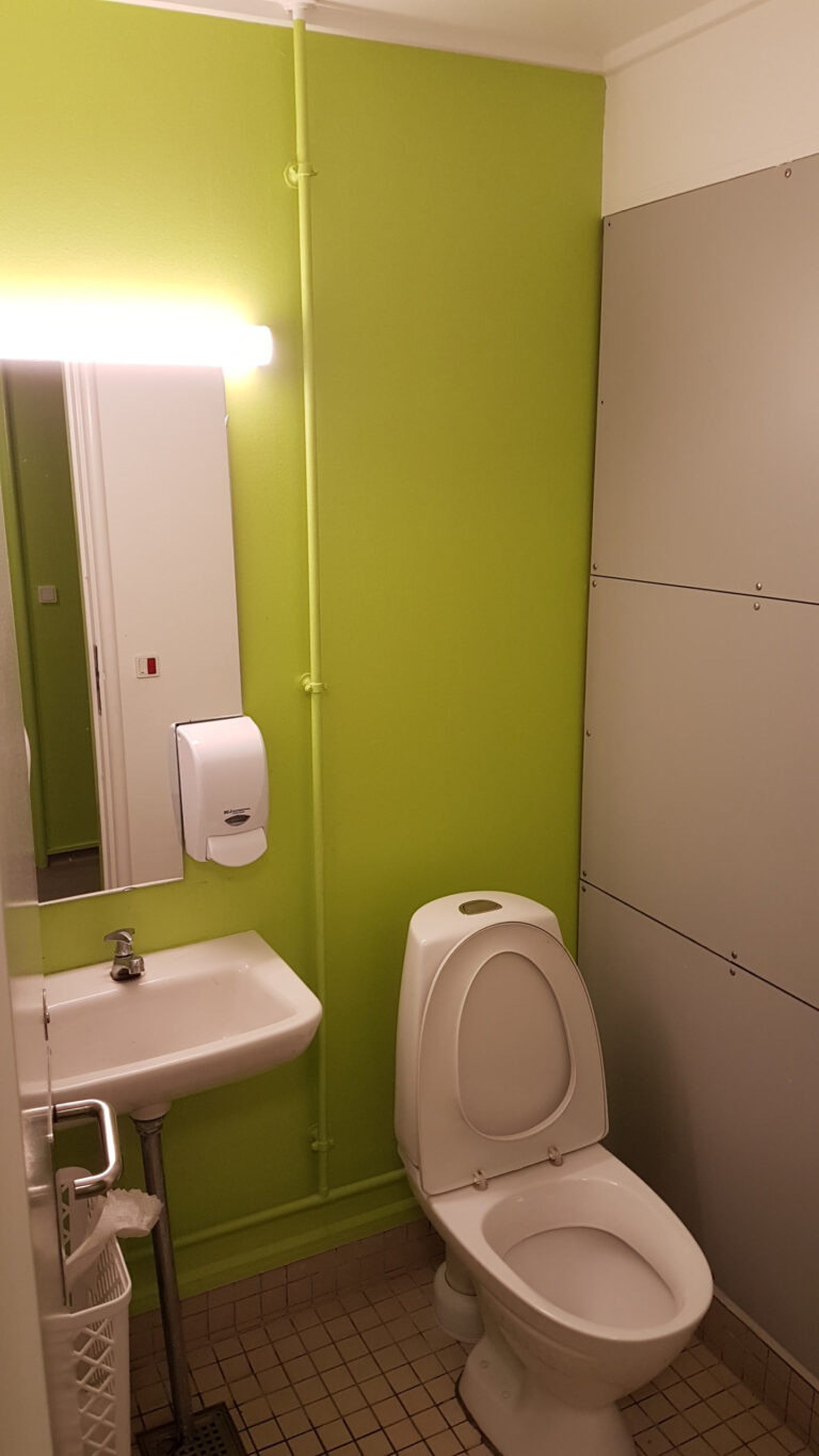 Skoletoiletter-let-renovering af Brave. Skoletoiletter i stærk lysegrøn.